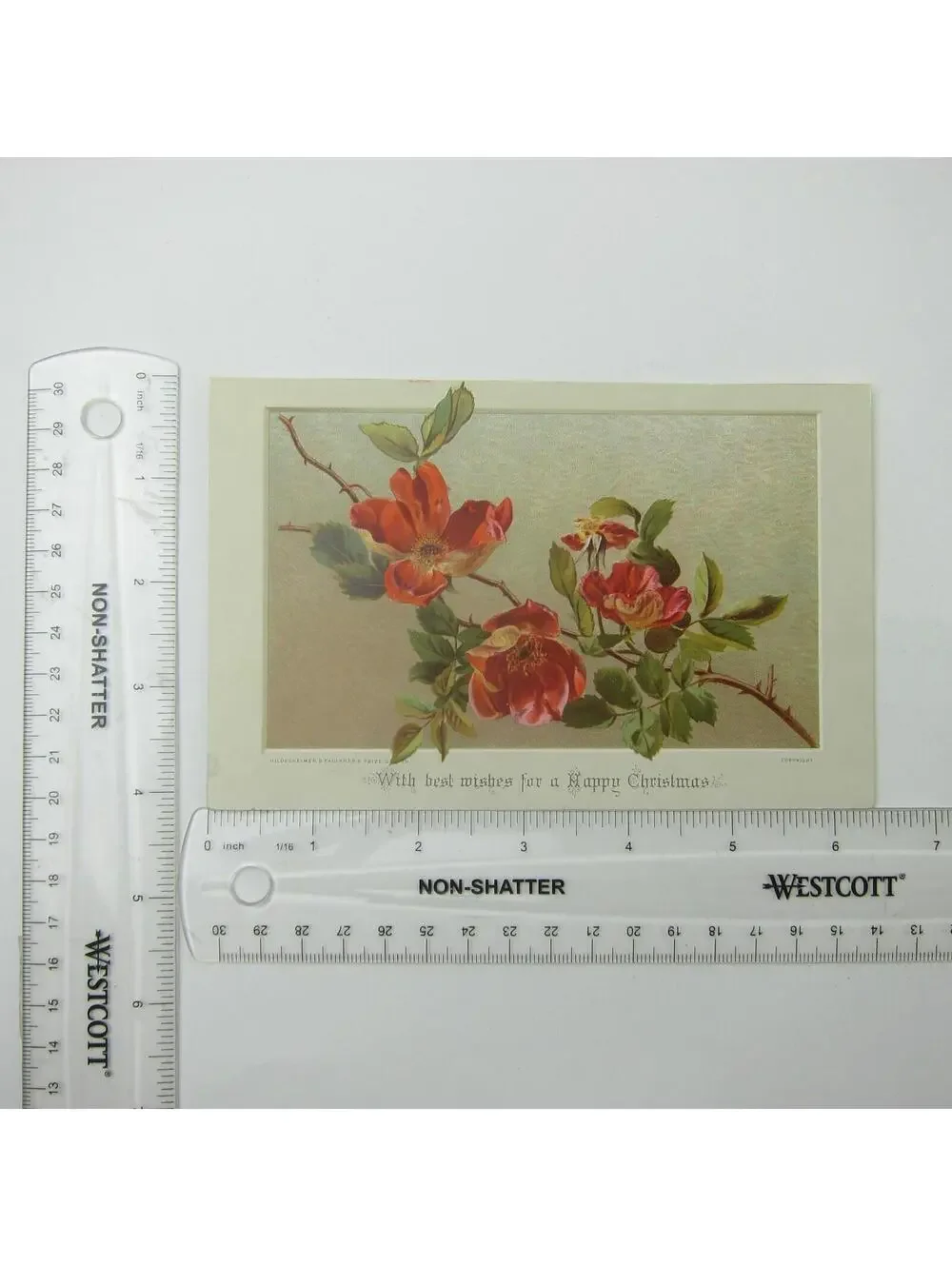 Victorian Christmas Card Red Orange Rose Flowers Hildesheimer & Faulkner Antique